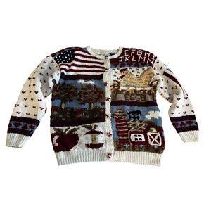 Women Cardigan Sweater America Flag Chicken Cow Apple Farm Sz XL Damaged!